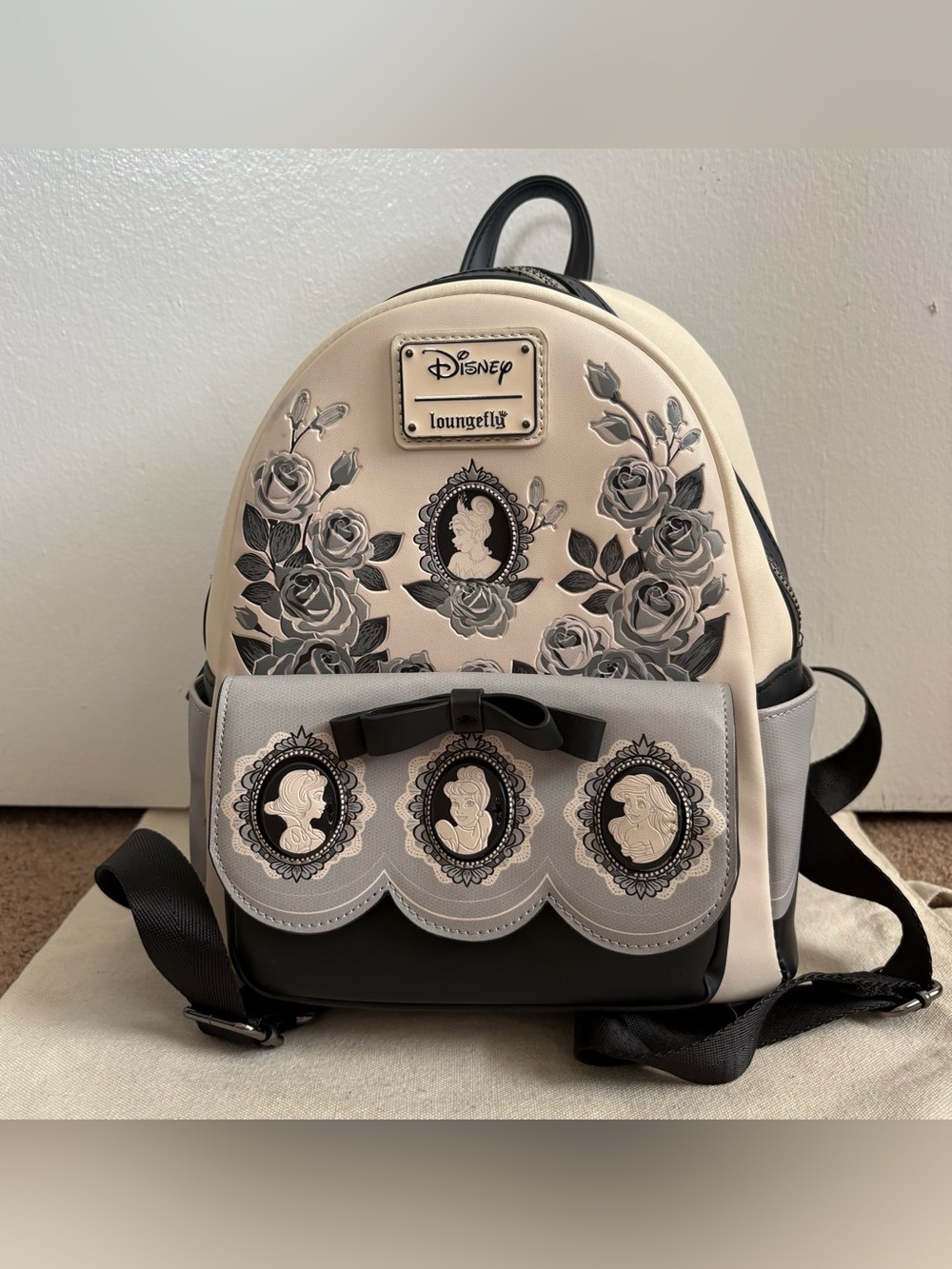 Loungefly Disney Princess Mini Backpack Floral Cameo Black Gray White
